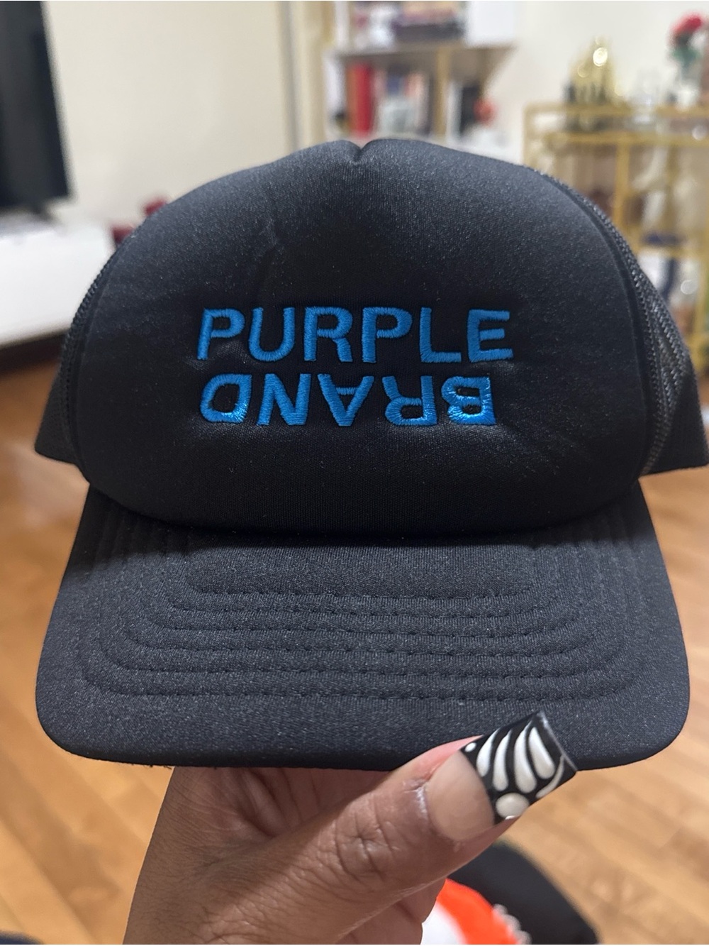 Purple Brand Black Trucker Hat with Blue Embroidery